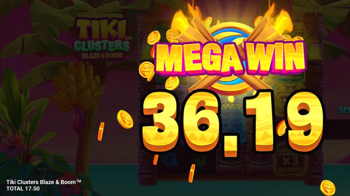 Tiki Clusters Blaze & Boom slot game interface with tropical theme
