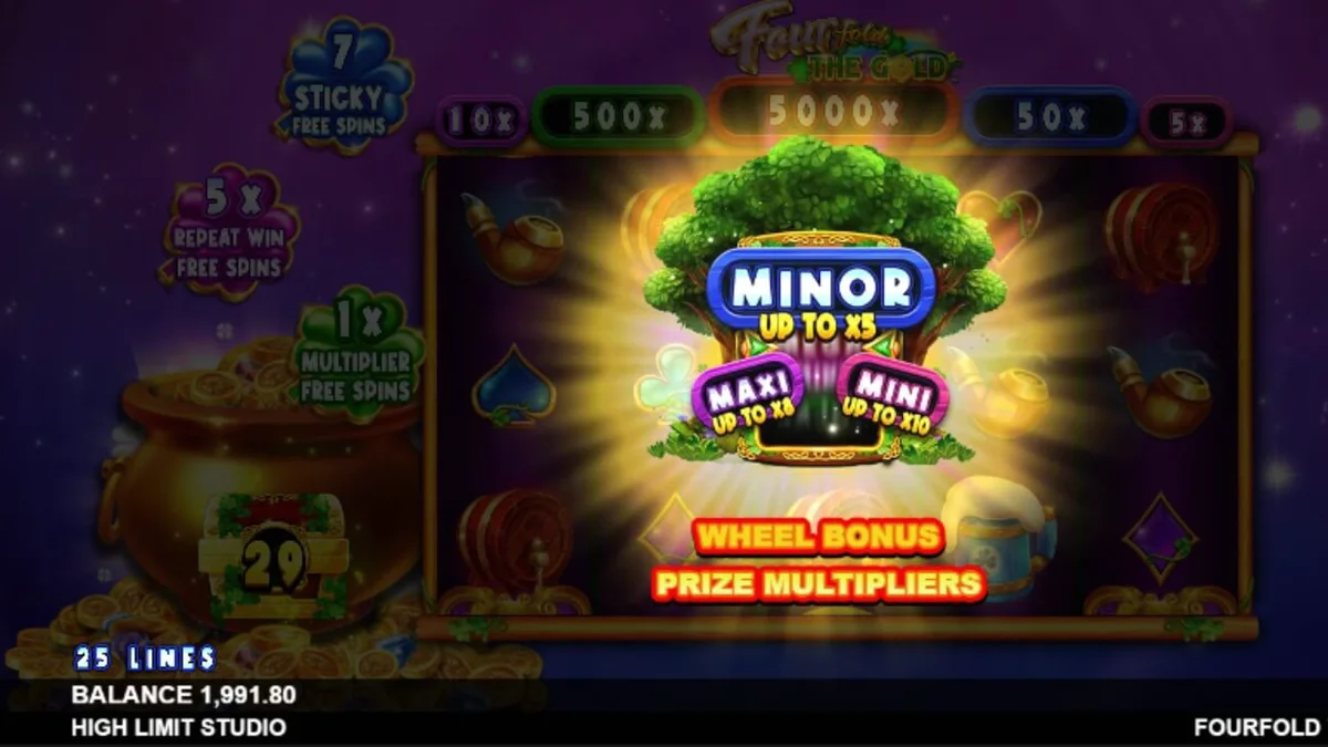 Tampilan visual slot Fourfold the Gold dengan tema luar angkasa dan leprechaun